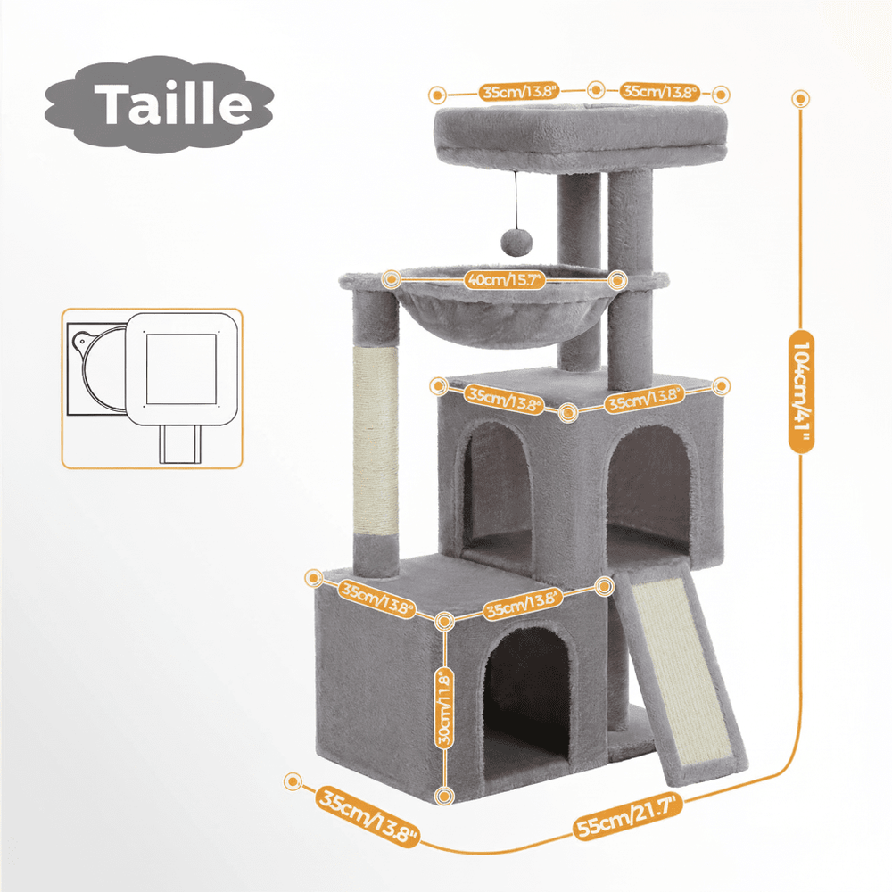 Schéma des dimensions de l'arbre à chat gris : 104 cm de haut, base 55 × 35 cm, plateforme 35 cm, hamac 40 cm