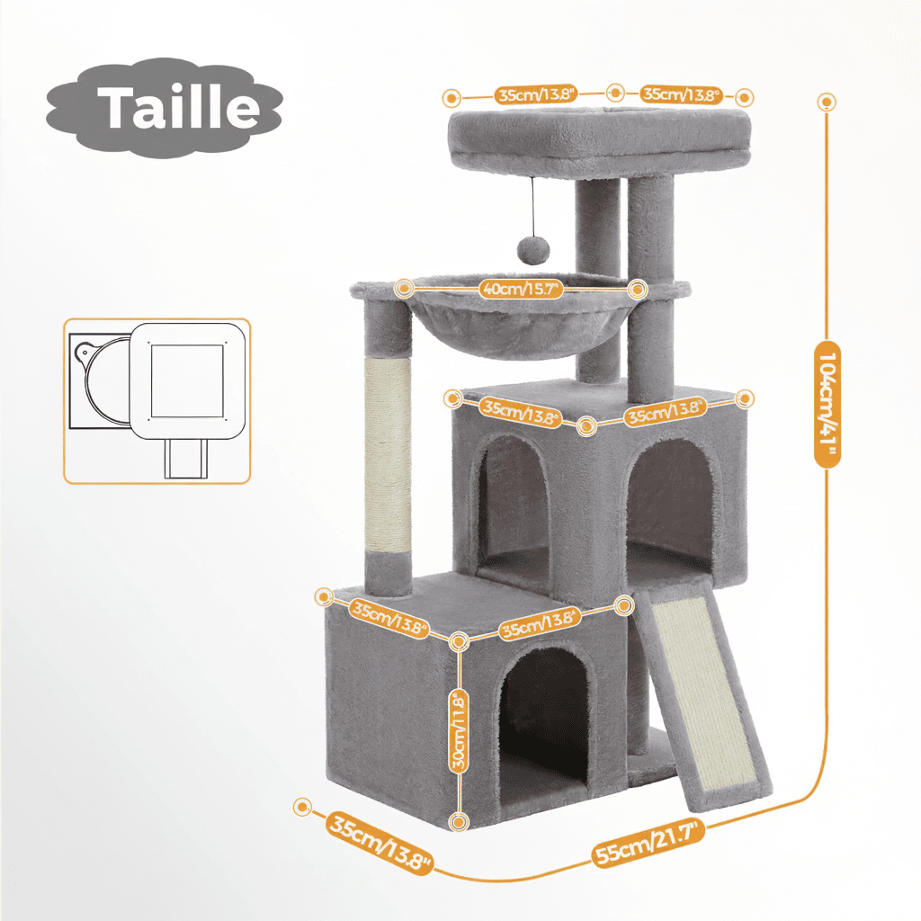 Schéma des dimensions de l'arbre à chat gris : 104 cm de haut, base 55 × 35 cm, plateforme 35 cm, hamac 40 cm