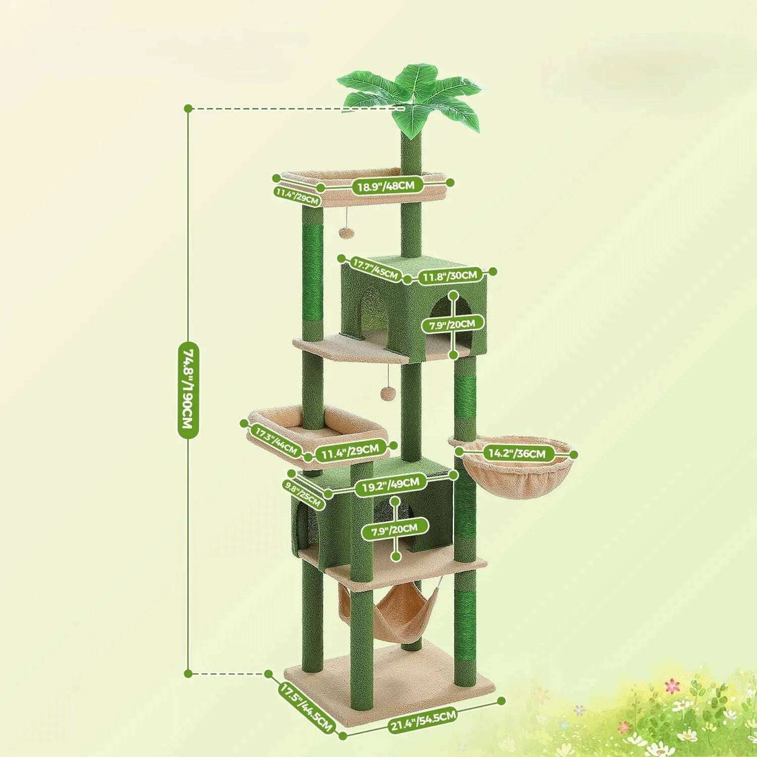 Schéma des dimensions de l'arbre à chat : hauteur 190 cm, base 54,5 × 44,5 cm, plateformes et niches cotées