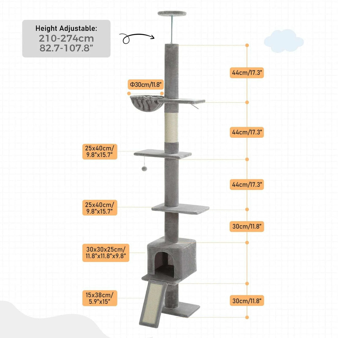 Schéma des dimensions de l'arbre à chat gris : hauteur réglable de 210 à 274 cm, hamac Ø 30 cm, niche 30 × 30 × 25 cm
