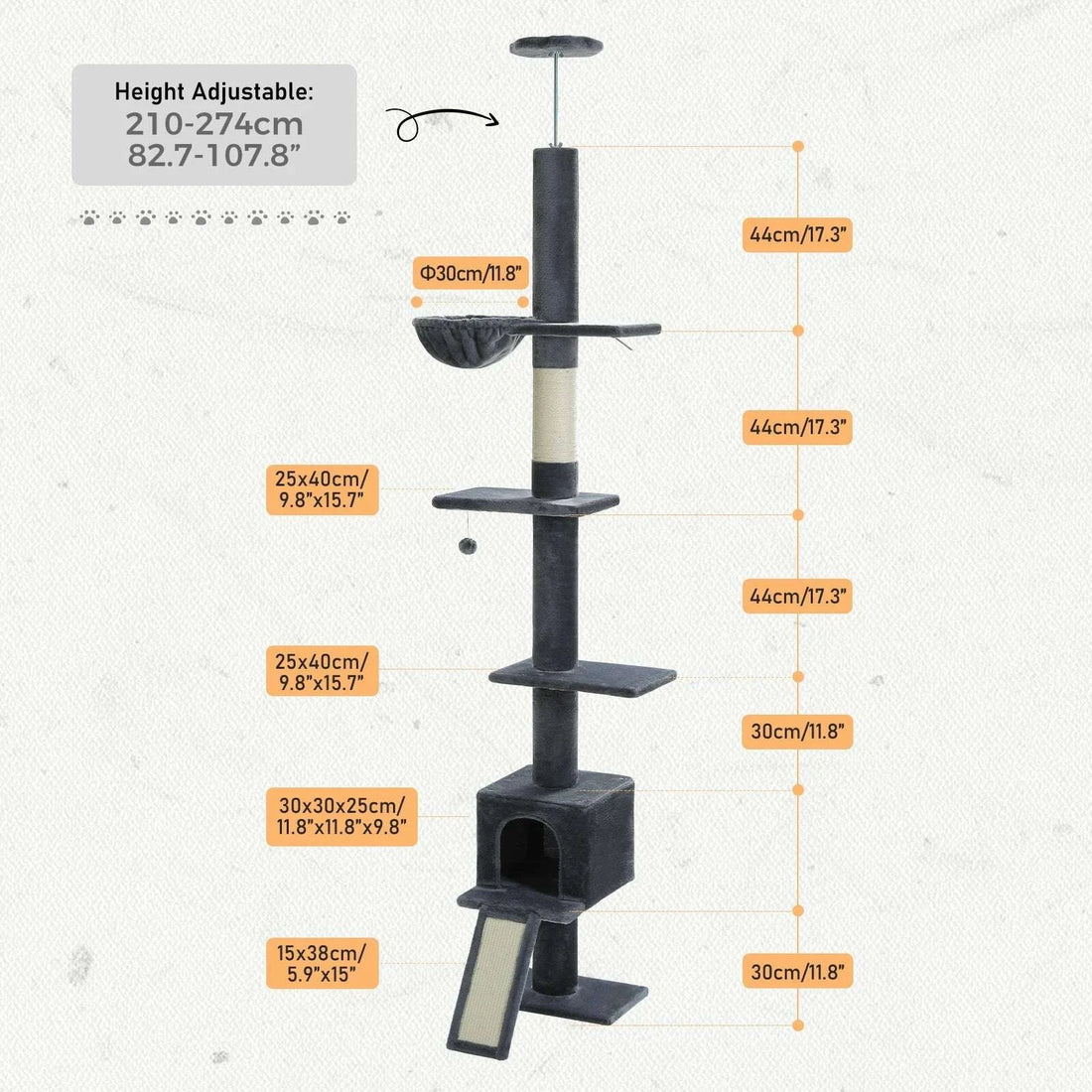 Cotes de l'arbre à chat anthracite : hauteur ajustable 210-274 cm, plateaux 25 × 40 cm, rampe 15 × 38 cm