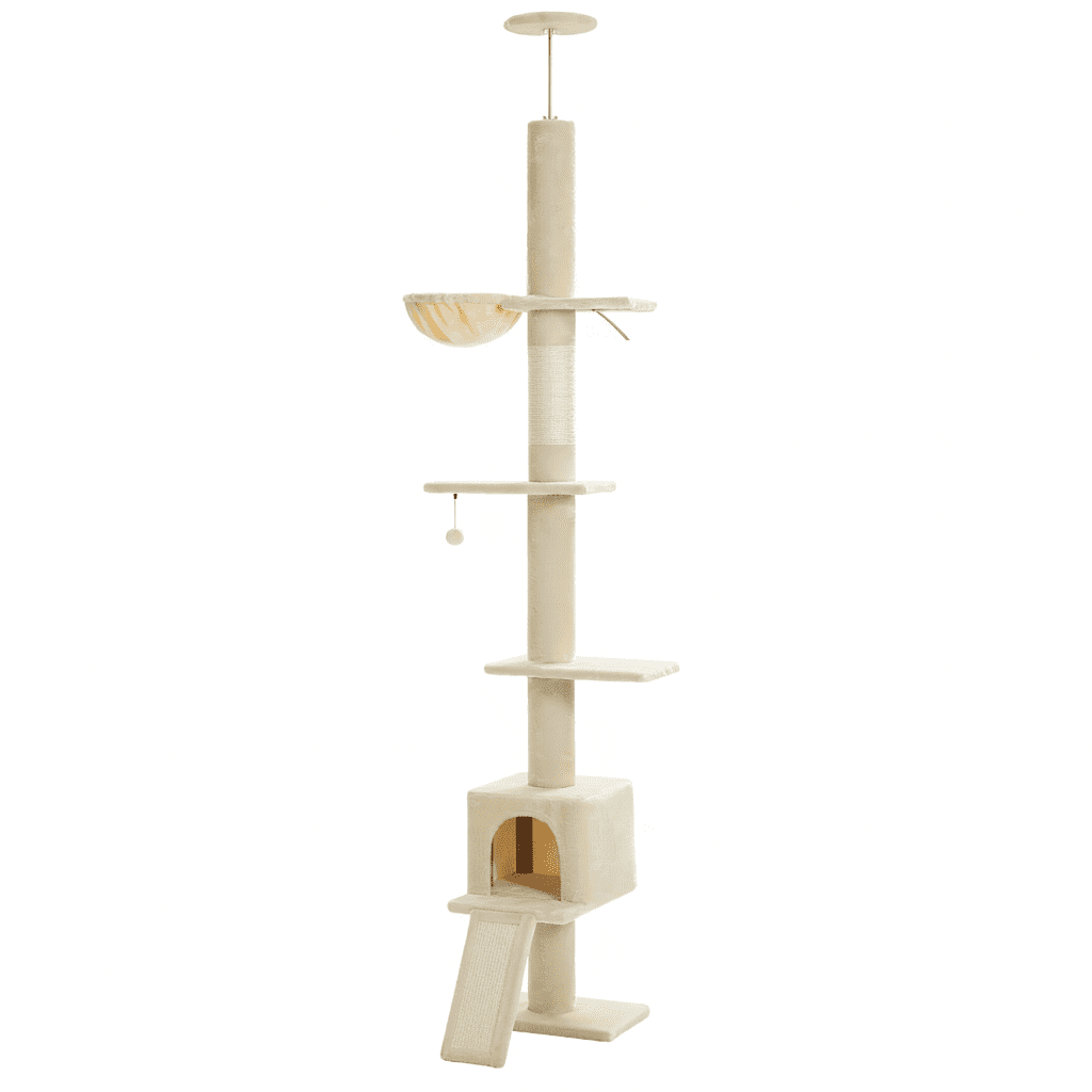 Grand arbre à chat beige réglable jusqu'au plafond, avec hamac, niche, plateaux, balle à jouer et rampe en sisal