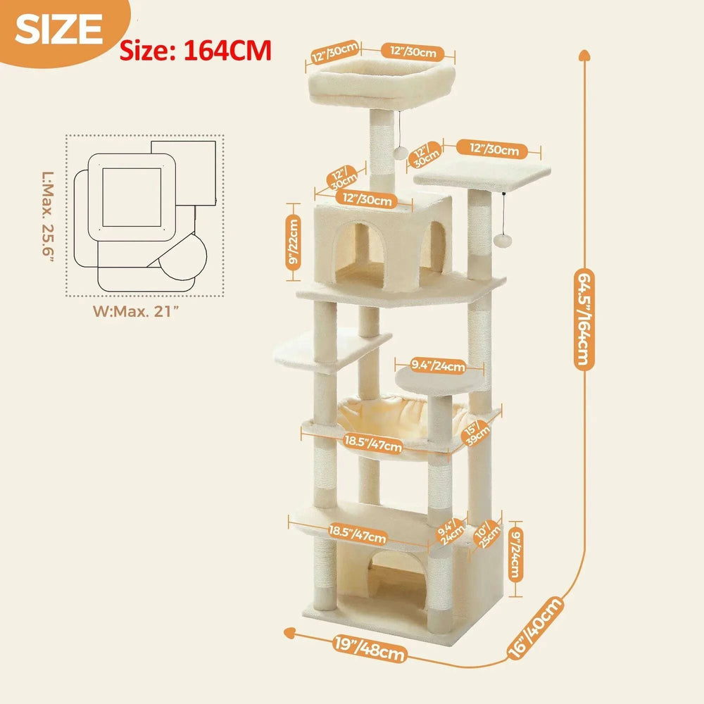 Schéma des dimensions de l'arbre à chat beige de 164 cm : base de 48 × 40 cm, plateformes de 30 cm de côté