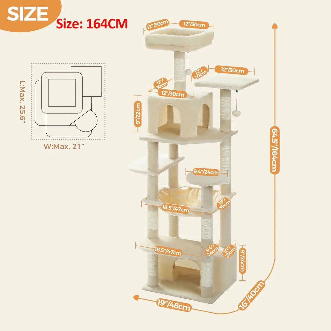 Schéma des dimensions de l'arbre à chat beige de 164 cm : base de 48 × 40 cm, plateformes de 30 cm de côté