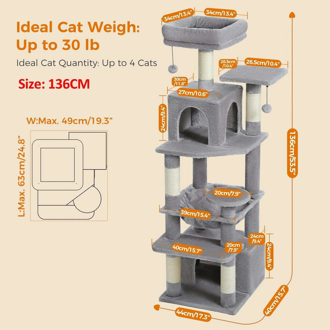 Schéma des dimensions de l'arbre à chat gris de 136 cm : base de 44 × 40 cm, paniers de 34 cm, jusqu'à 4 chats