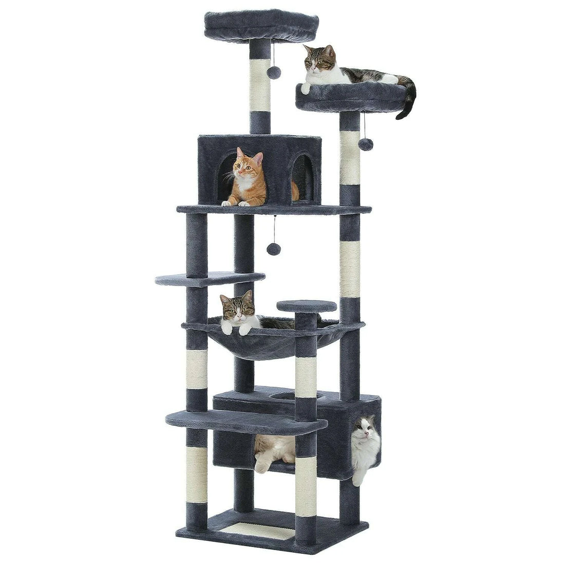Grand arbre à chat gris anthracite avec sisal, niches et hamac, occupé par des chats tigrés, roux et blanc