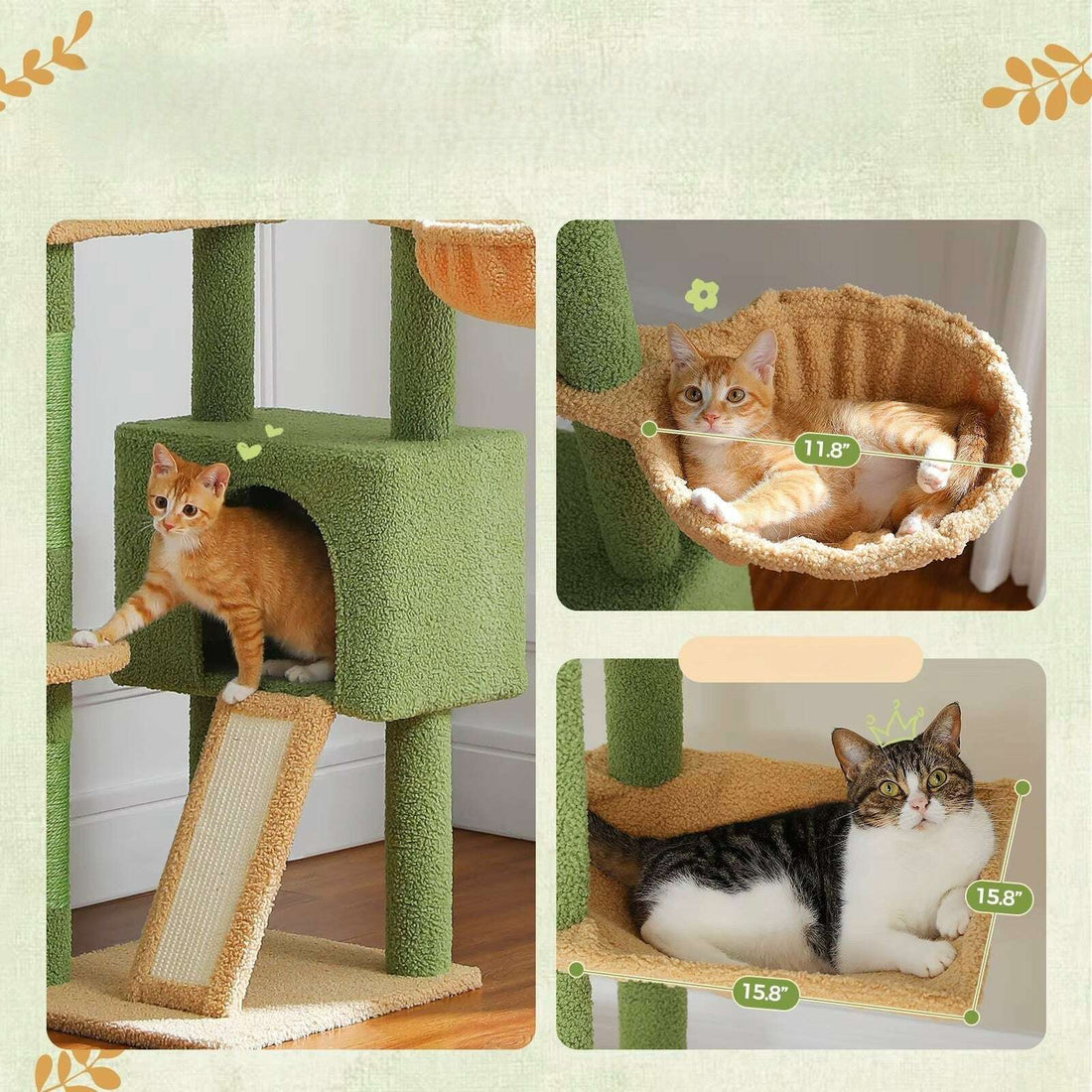 Détails de la niche, du hamac de 11,8 pouces et de la plateforme carrée de 15,8 pouces, avec chats