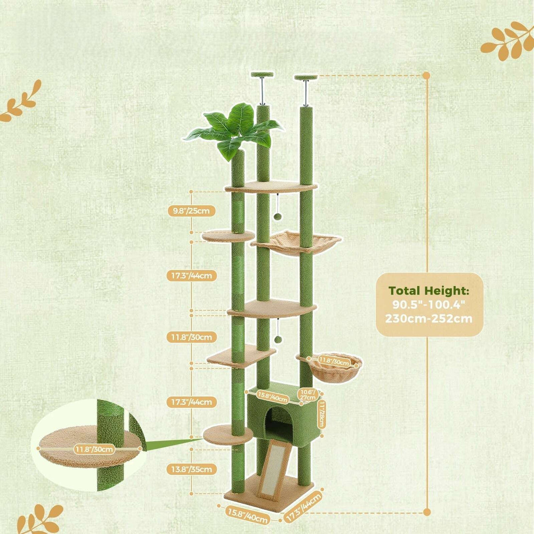 Schéma des cotes du griffoir vertical vert : hauteur totale de 230 à 252 cm, base de 40 × 44 cm