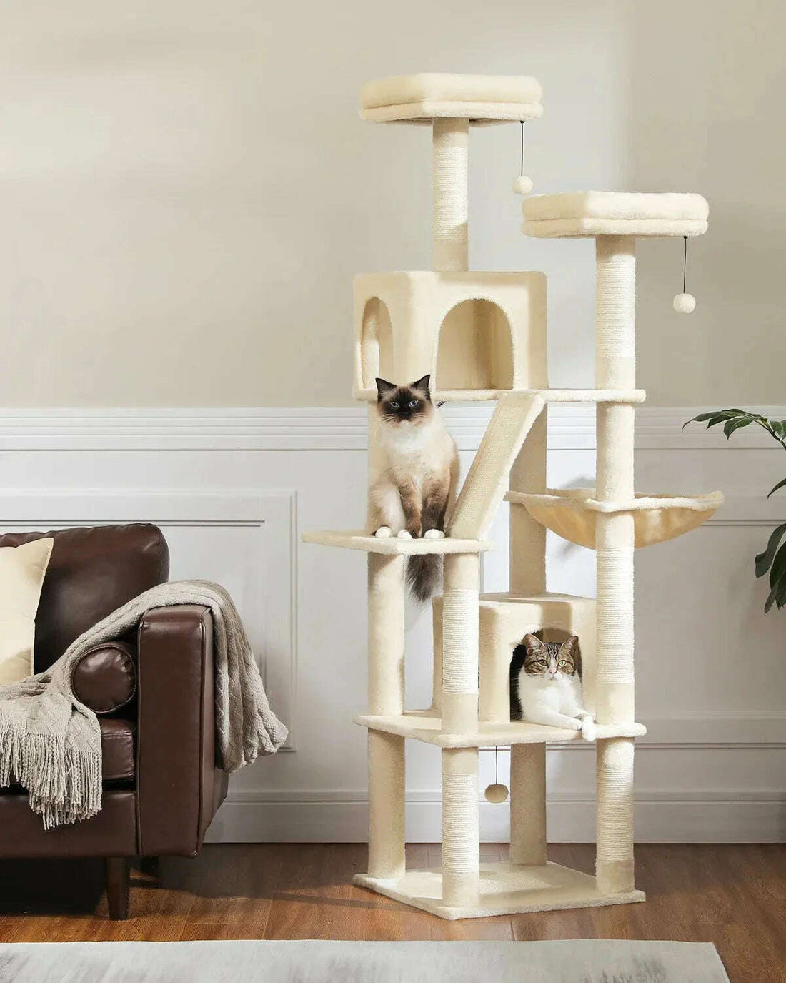 Arbre à chat beige haut de gamme dans un salon avec canapé en cuir
