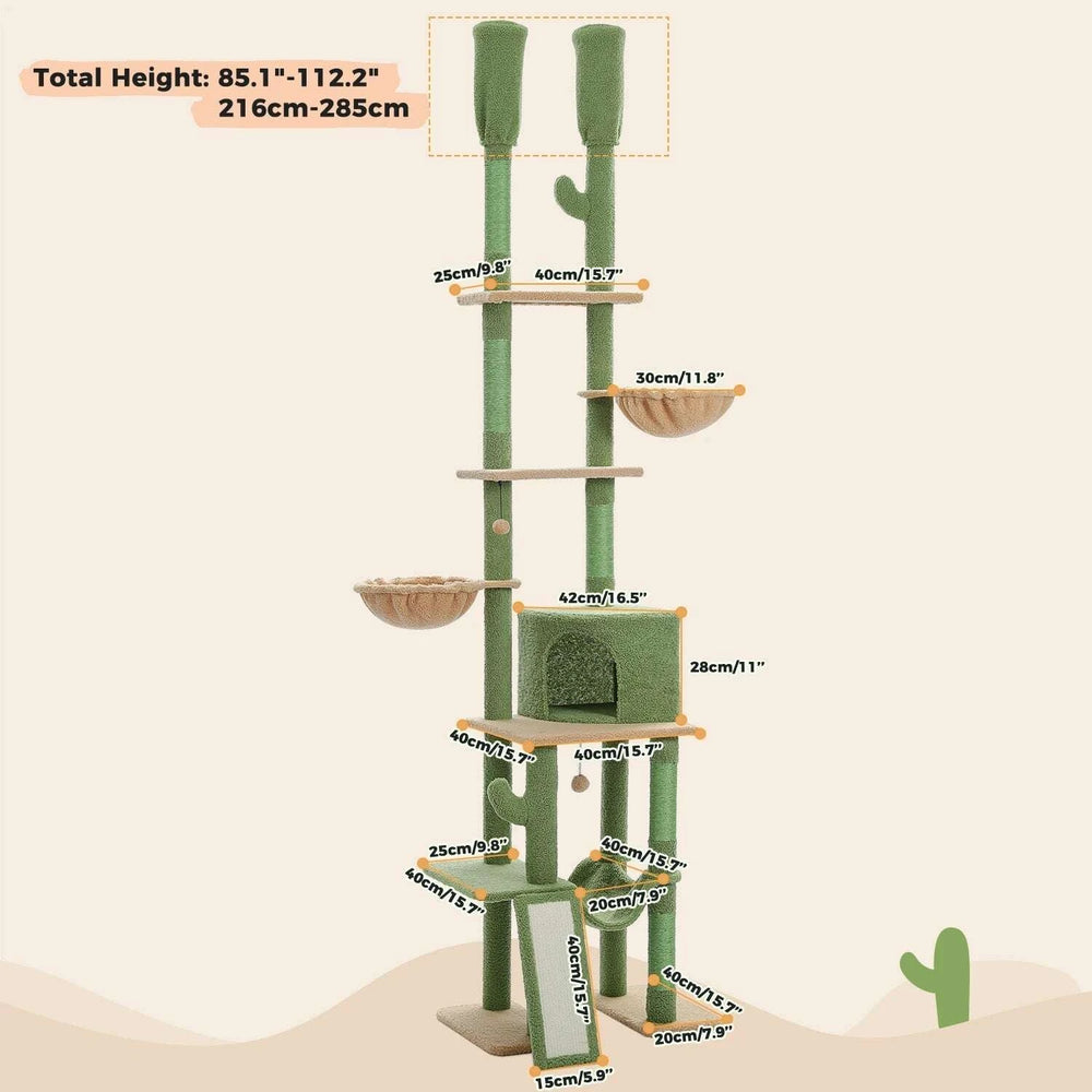 Schéma des dimensions de l'arbre à chat cactus : hauteur réglable de 216 à 285 cm, niche 42 × 28 cm