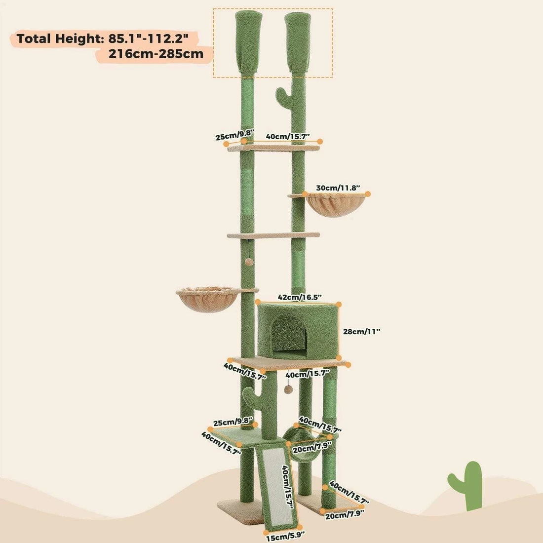 Schéma des dimensions de l'arbre à chat cactus : hauteur réglable de 216 à 285 cm, niche 42 × 28 cm