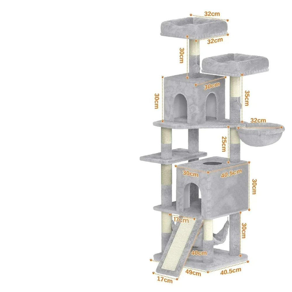 Schéma des dimensions de l'arbre à chat gris : plateformes de 32 × 32 cm, base de 49 × 40,5 cm, rampe de 17 cm