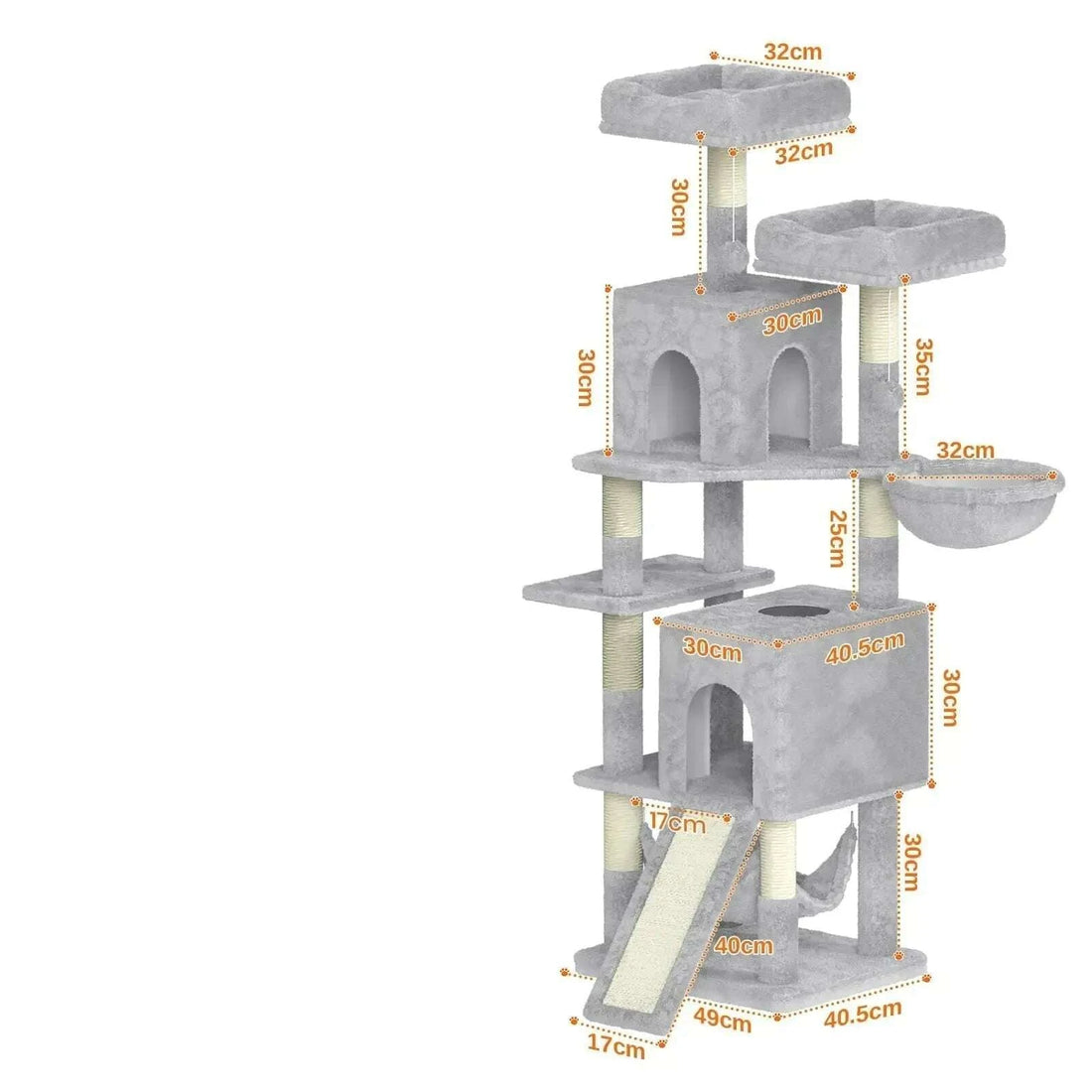 Schéma des dimensions de l'arbre à chat gris : plateformes de 32 × 32 cm, base de 49 × 40,5 cm, rampe de 17 cm