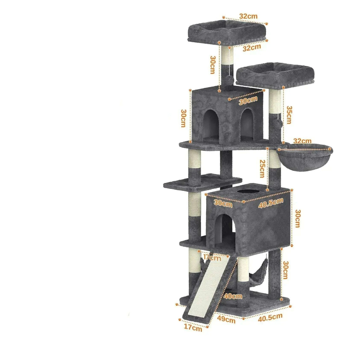 Schéma des dimensions de l'arbre à chat gris : plateformes de 32 cm, niches de 30 cm, base de 40,5 × 49 cm
