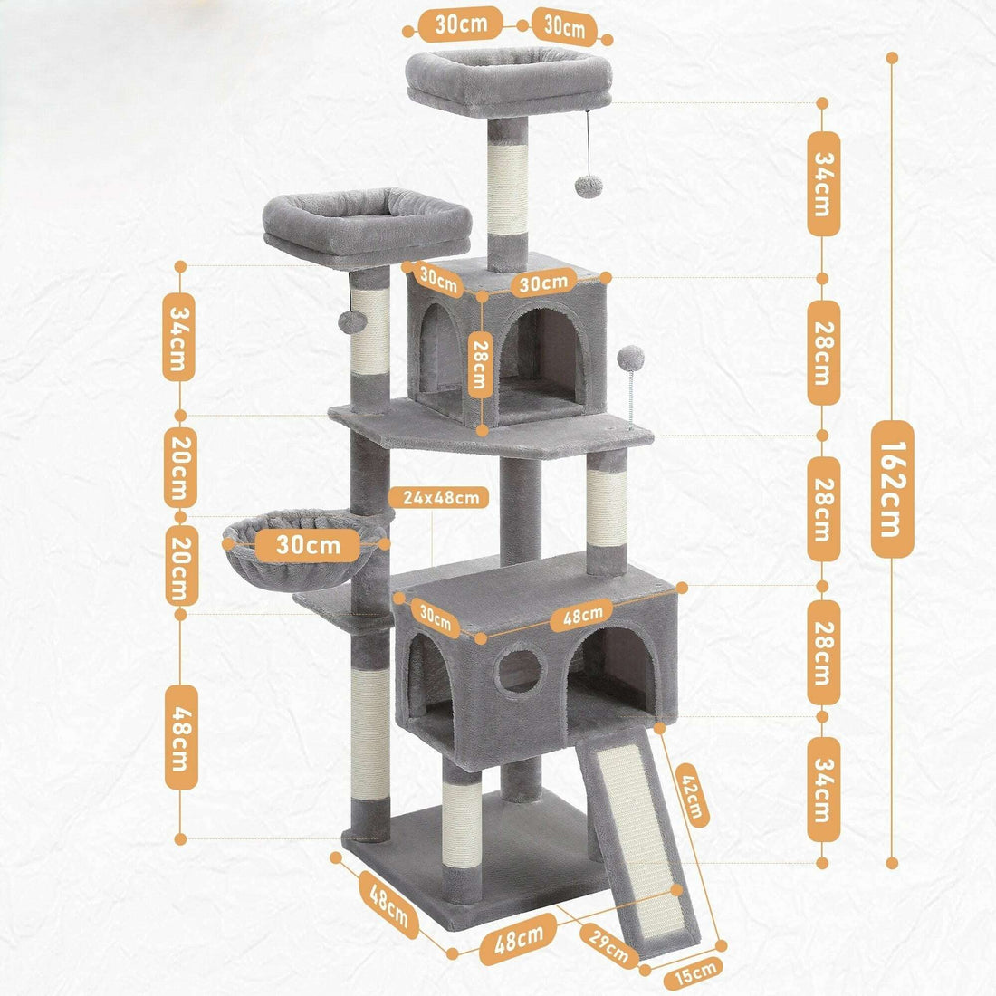 Schéma des dimensions de l'arbre à chat gris clair : 162 cm de haut, base 48 × 48 cm, rampe de 42 cm