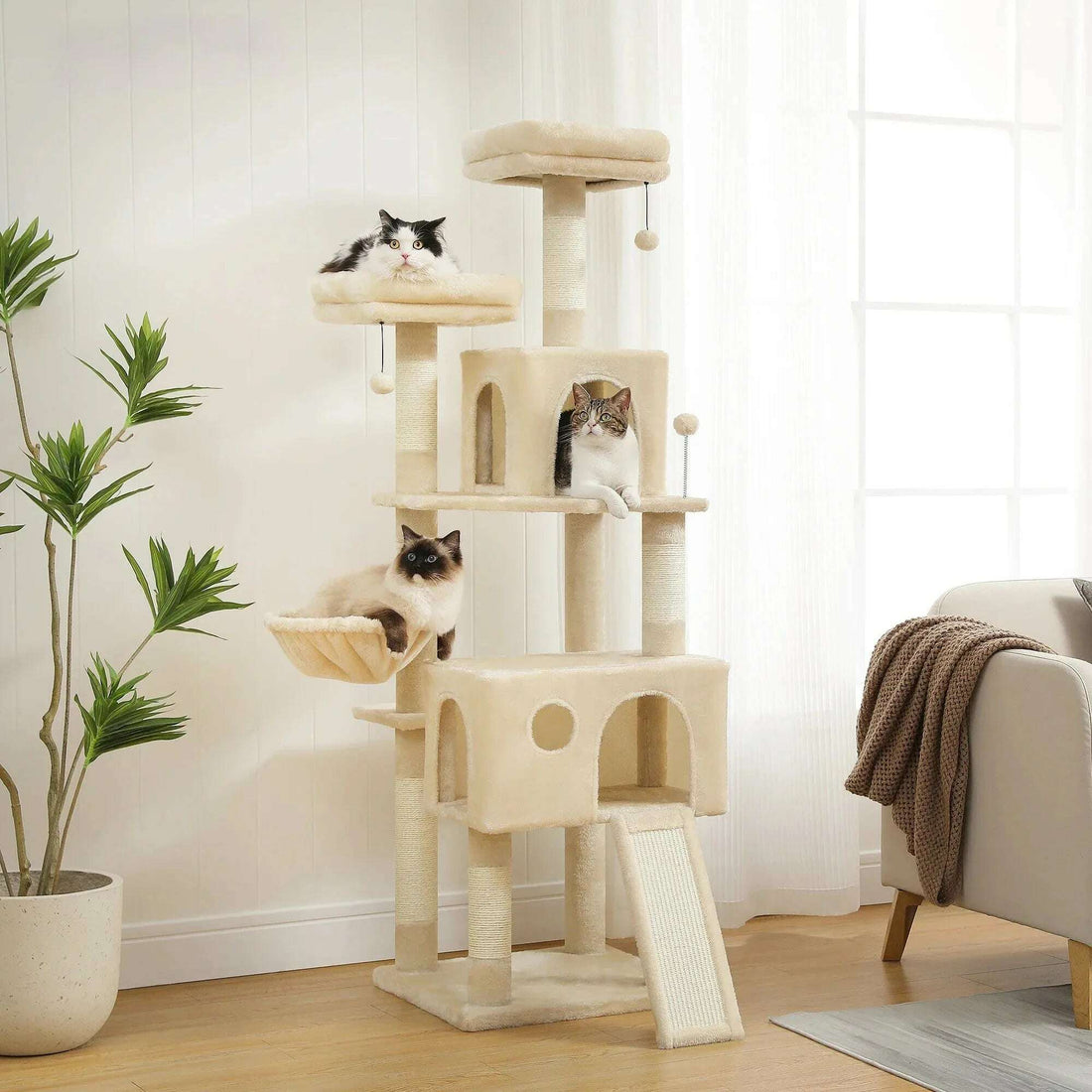 Grand arbre à chat beige dans un salon lumineux près d'une plante verte et d'un fauteuil, avec trois chats