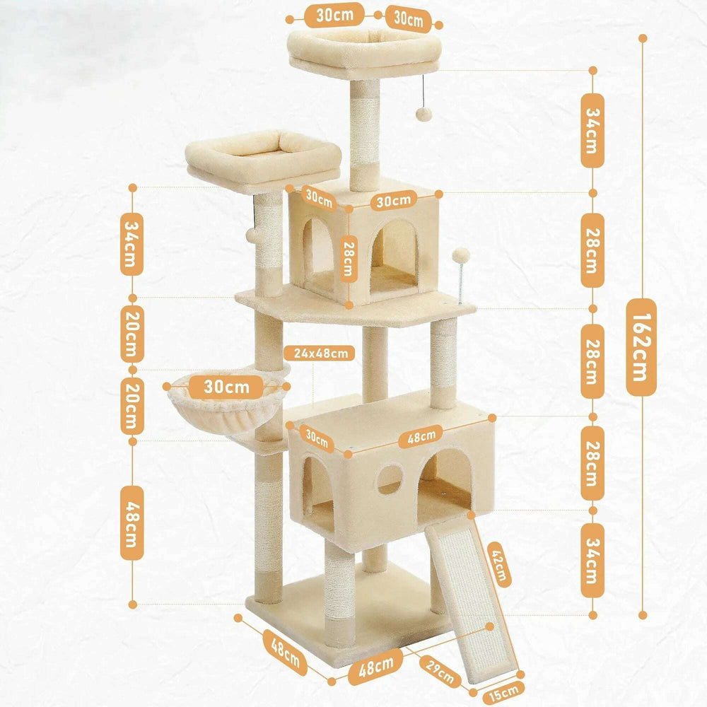 Schéma coté de l'arbre à chat beige : hauteur totale 162 cm, base 48 × 48 cm, plateaux de 30 cm