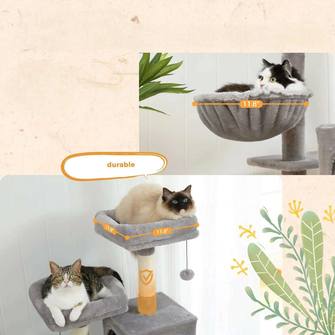 Détails du hamac et des plateaux gris de l'arbre à chat, mesurés à 11,8 pouces, avec chats couchés