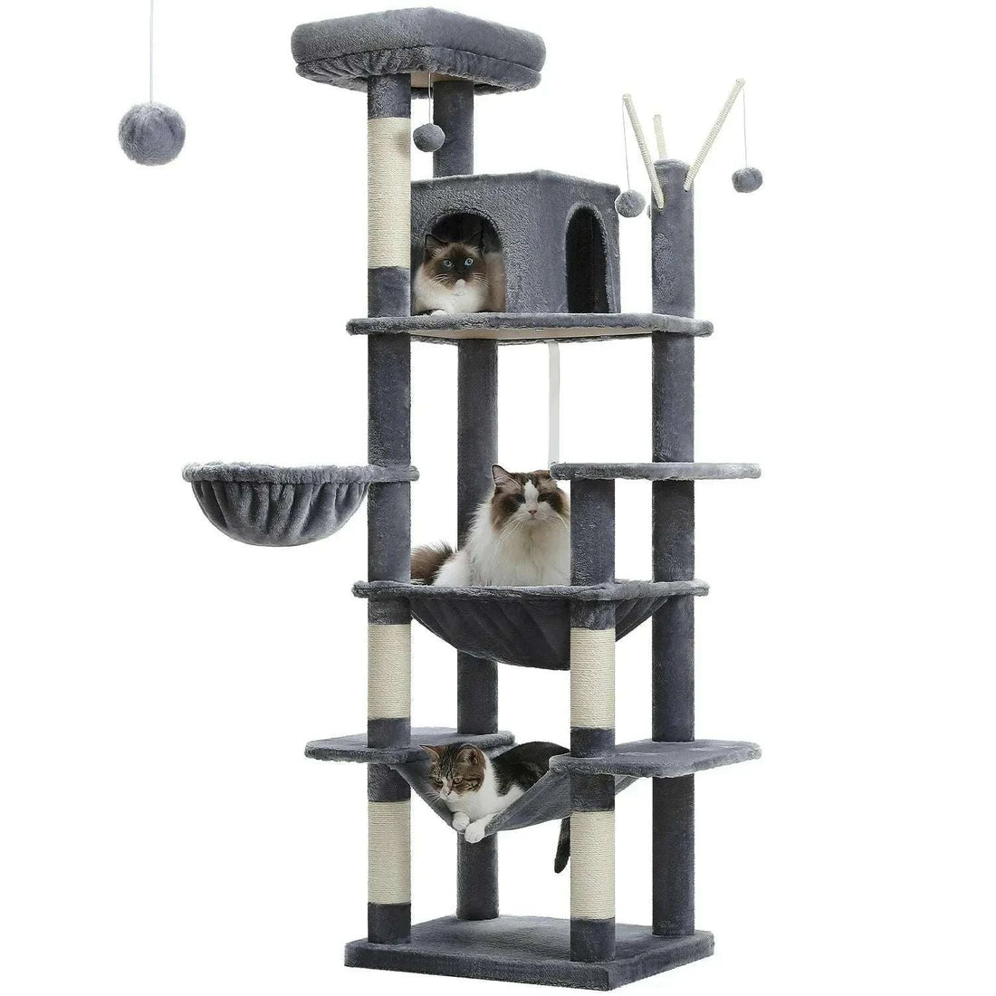 Structure d'escalade féline gris foncé avec niche, panier, hamacs, sisal et trois chats couchés