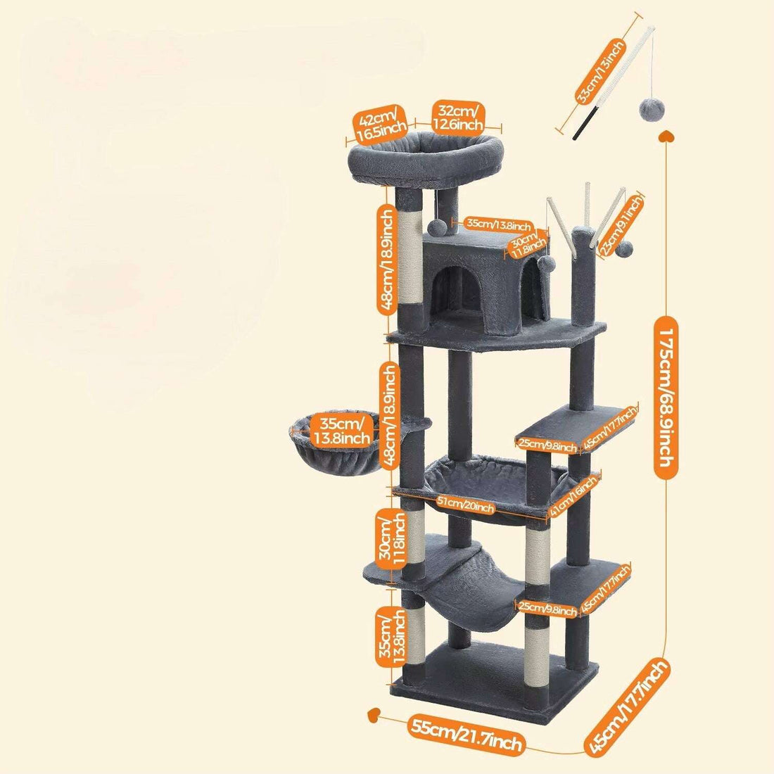 Schéma des dimensions de l'arbre à chat gris foncé : hauteur 175 cm, base 55 × 45 cm, plateau 42 cm