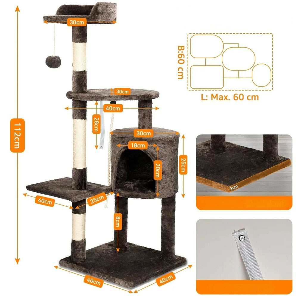 Schéma des dimensions de l'arbre à chat gris : hauteur 112 cm, base 40 × 40 cm, plateau 30 cm, niche 30 cm