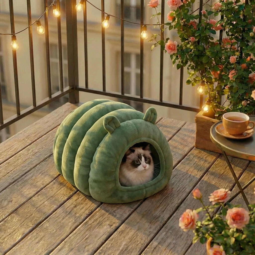 Chat ragdoll lové dans une maison douillette verte à oreilles sur une terrasse en bois, rosiers et tasse de thé