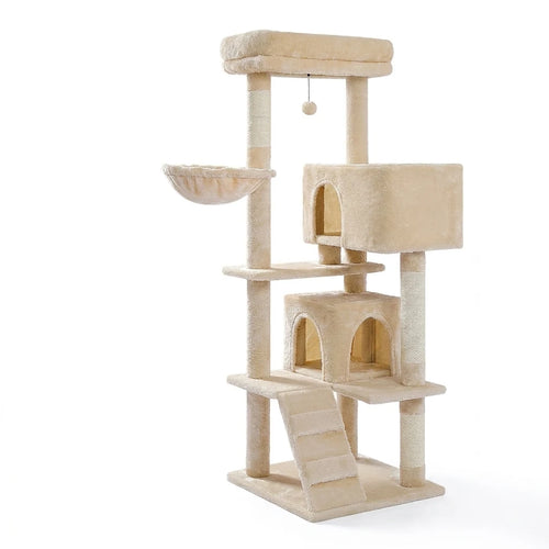 Arbre à chat beige de 106 cm sur fond blanc, avec échelle, deux niches, hamac et griffoirs en sisal