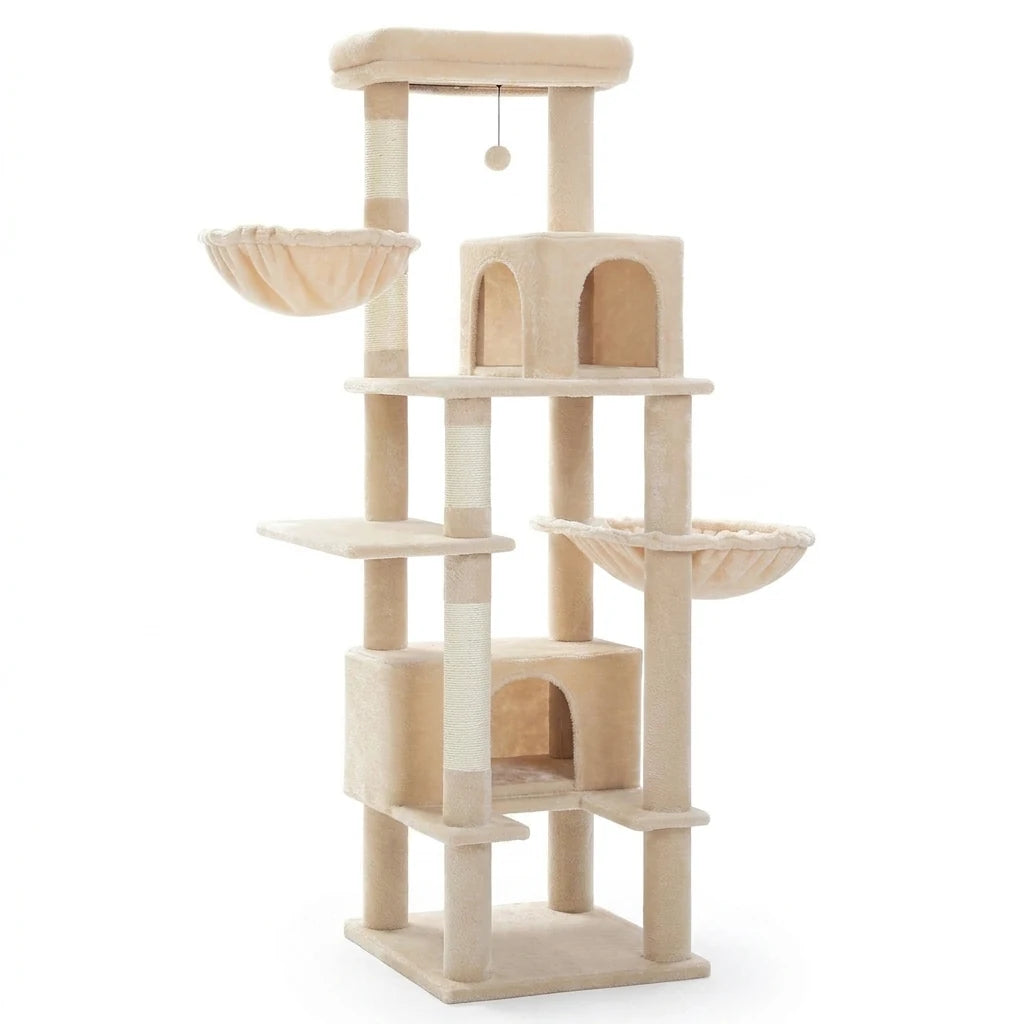 Cat tree with 2 condos and metal hammock, beige