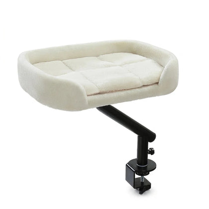 Coussin de bureau rotatif pour chat en peluche blanc crème avec bras noir et pince de fixation