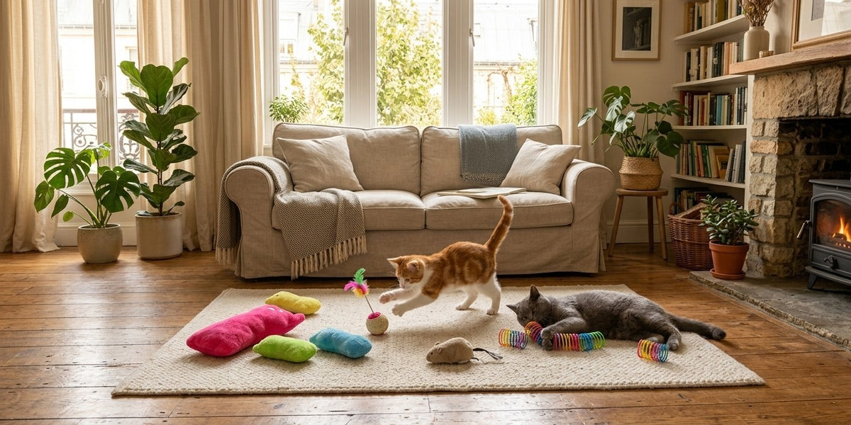 Chats jouant avec une balle en sisal à plumes, des ressorts et des coussins à l'herbe à chat
