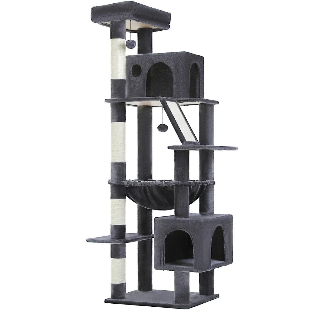 71" cat tree with two large condos, charcoal gray
