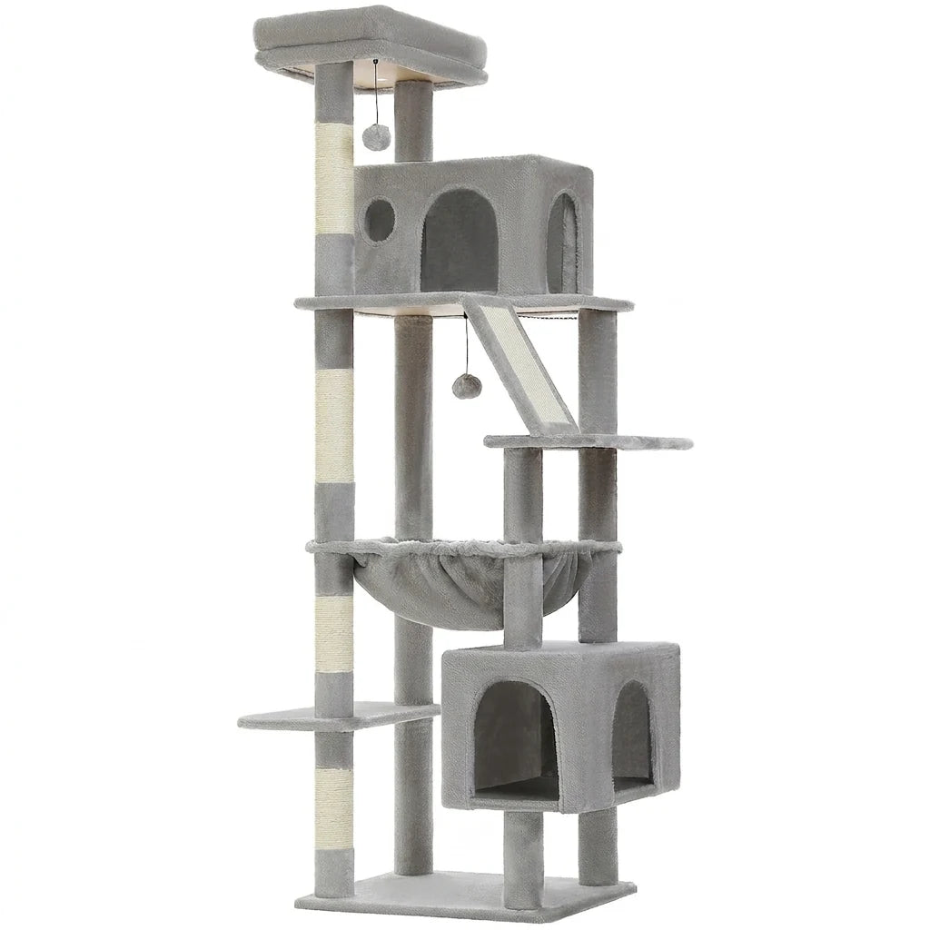 Arbre à chat gris clair vide en peluche, deux niches, hamac, rampe, poteaux en sisal et boules suspendues, sans chat