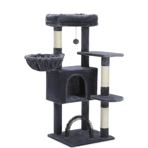Arbre à chat gris anthracite avec niche, hamac, plateformes, griffoirs en sisal et arche de brossage sur fond blanc