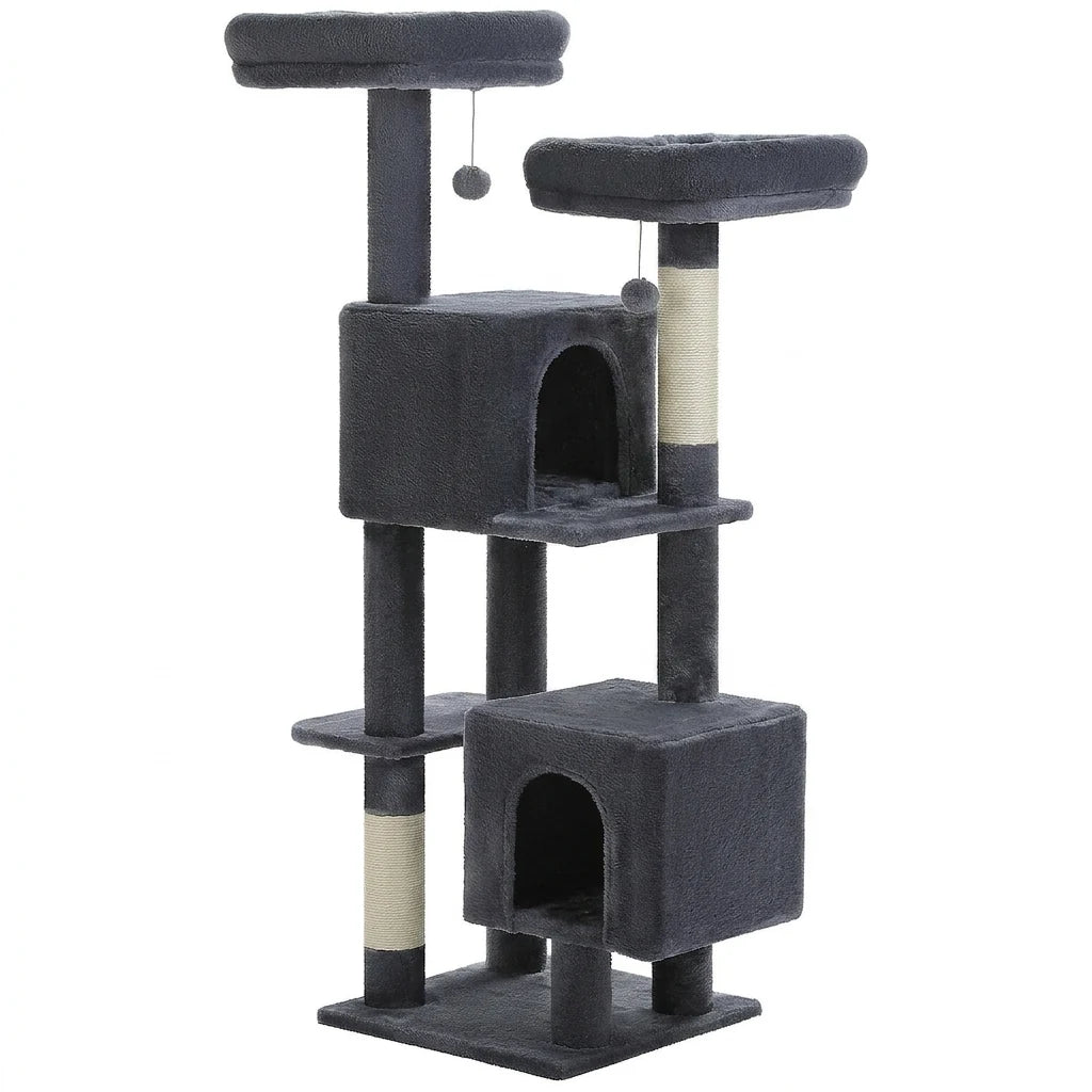 Arbre à chat gris foncé vide sur fond blanc, deux niches à ouverture arrondie