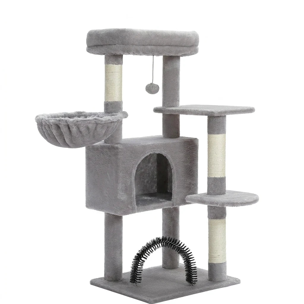 Arbre à chat gris clair inoccupé, de face : hamac, niche à ouverture arrondie, deux plateformes, sisal