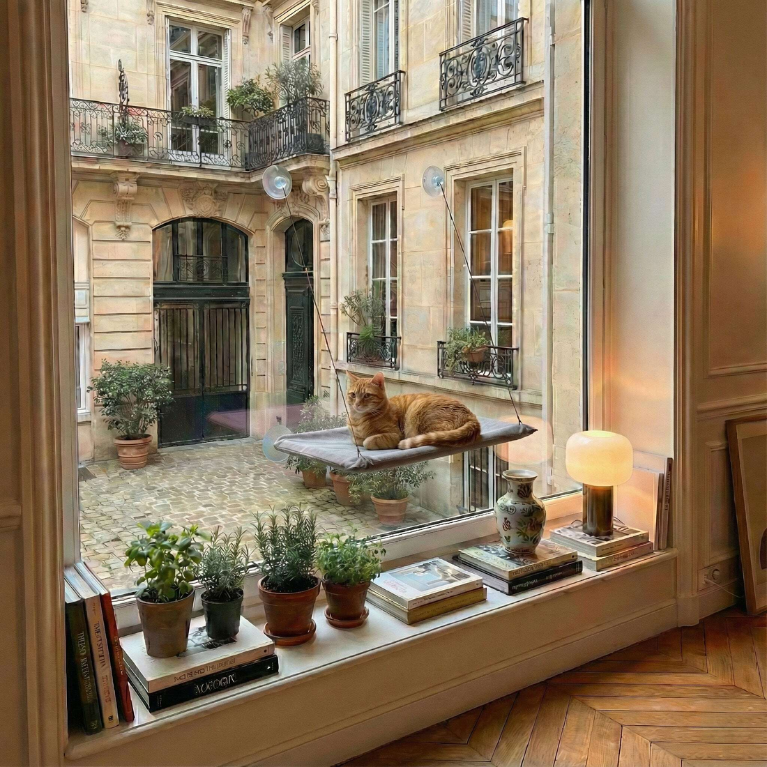 Chat roux allongé sur un hamac de fenêtre gris, face à une cour d'immeuble haussmannien