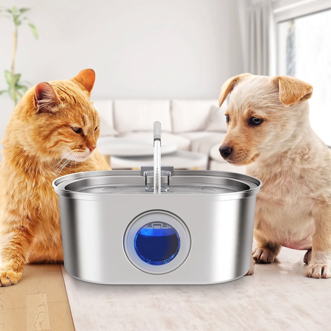 Chat roux et chiot crème observant de près une fontaine à boire en inox, dans un salon lumineux