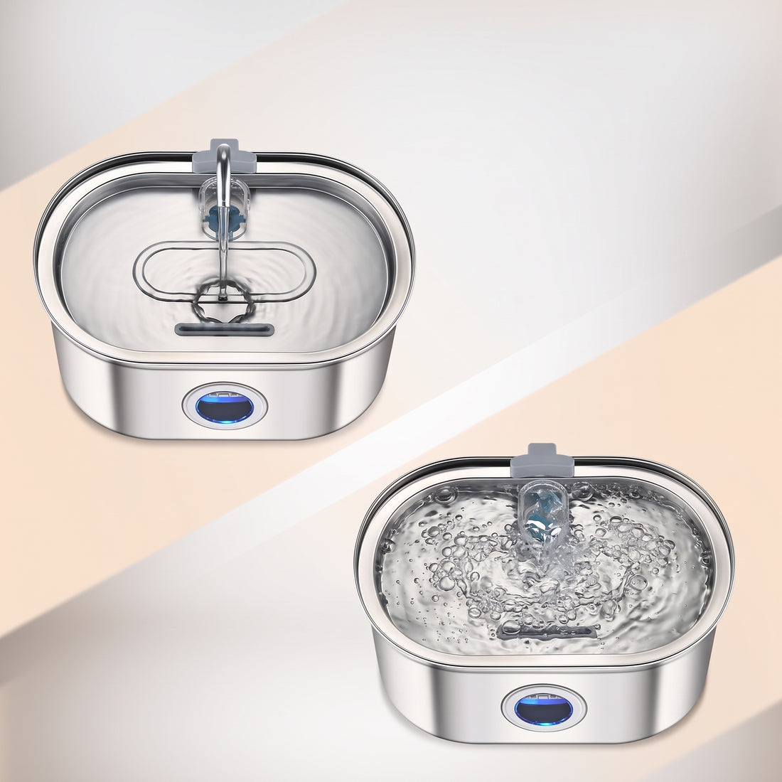 Vue de dessus de deux fontaines inox : eau calme avec filtre visible, et eau agitée de bulles autour du jet