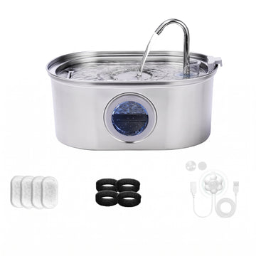 Fontaine inox à col de cygne avec 4 filtres à charbon, 4 mousses noires et une pompe USB blanche en accessoires