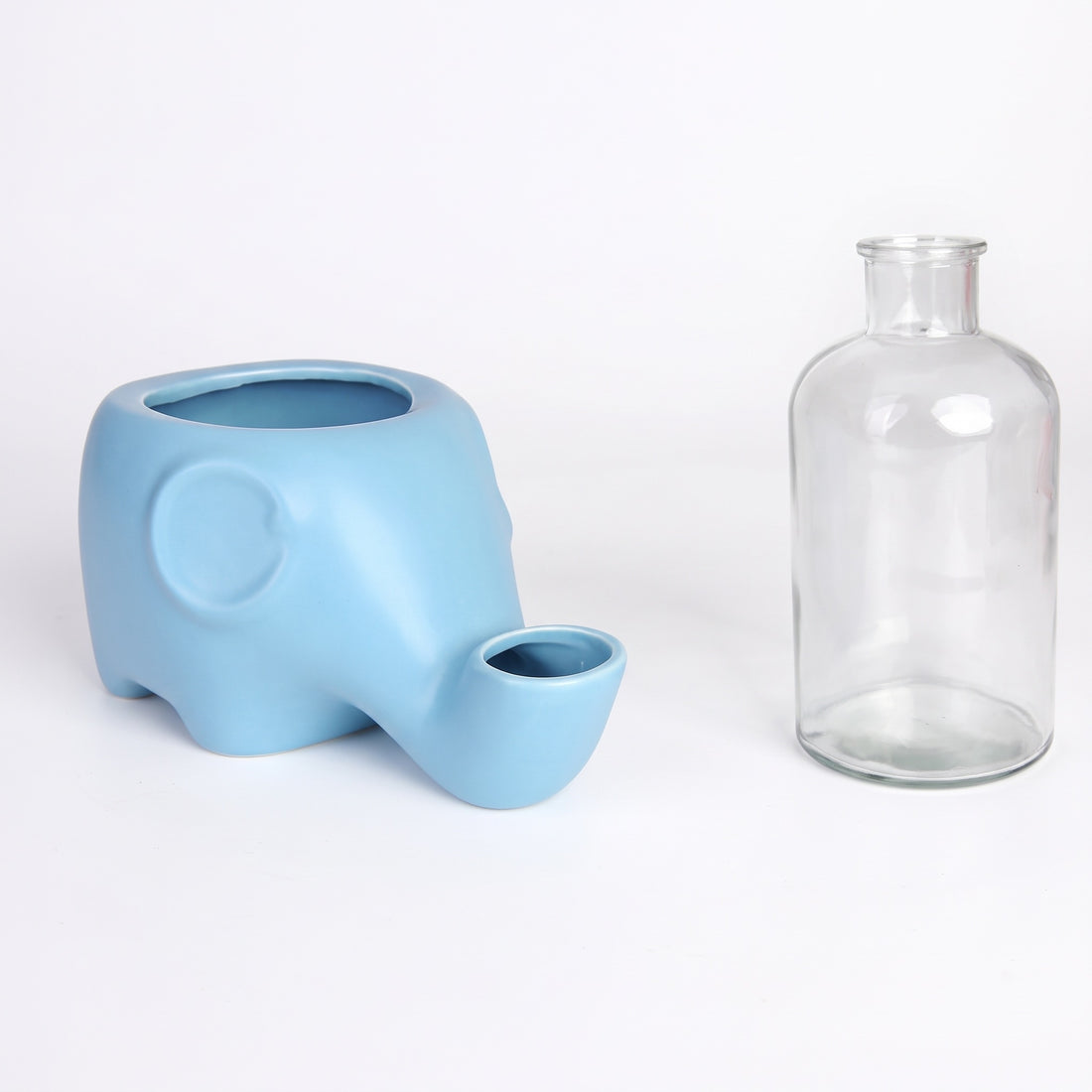Base éléphant bleu mat en céramique à côté de la bouteille en verre transparent qui sert de réservoir