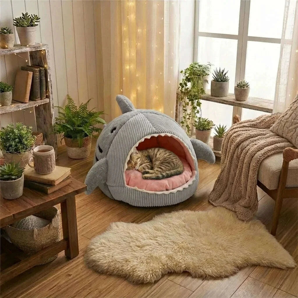 Chat tigré endormi dans un abri requin gris, salon cosy avec plantes, tapis en fourrure et guirlandes lumineuses