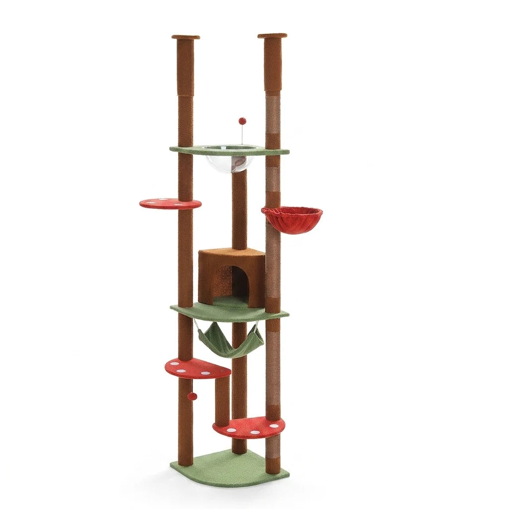 Schéma des cotes de la tour à chat verte : plateforme d'angle de 48 cm, marche de 39 × 23,5 cm