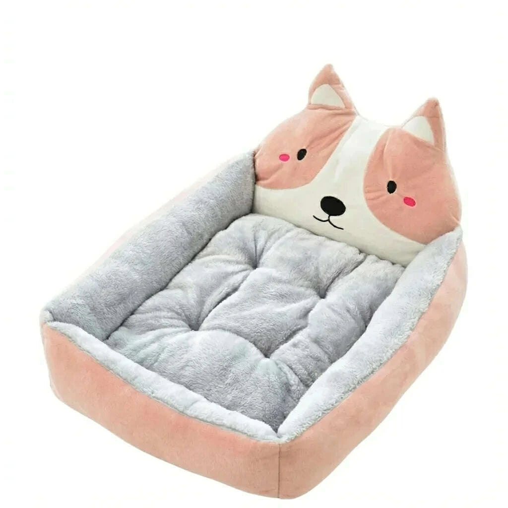 Couchage rose et blanc à tête de renard, intérieur en peluche grise matelassée, vu de dessus en trois quarts