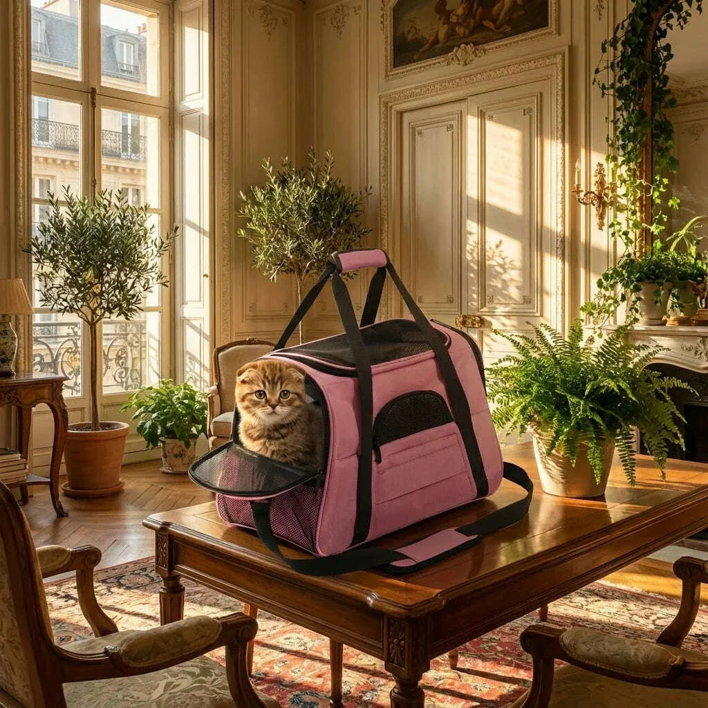 Chat roux dans un sac de transport rose posé sur une table en bois, au centre d'un salon lumineux avec plantes