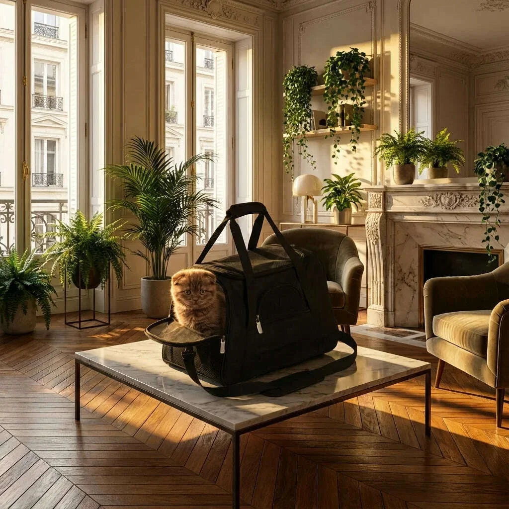 Sac de transport souple noir pour chat, vu de trois quarts, avec fenêtre en filet et bandoulière
