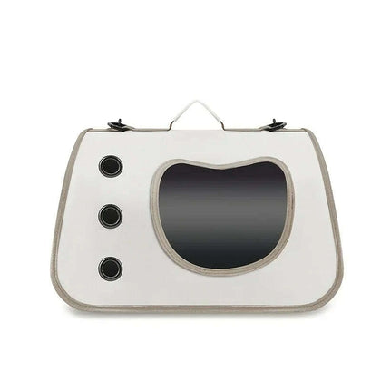 Sac de transport pour chat beige à bordure taupe, vu de face avec hublot transparent et trois aérations rondes
