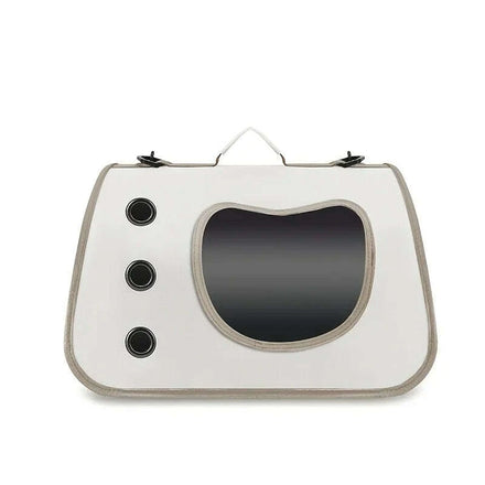Sac de transport pour chat beige à bordure taupe, vu de face avec hublot transparent et trois aérations rondes