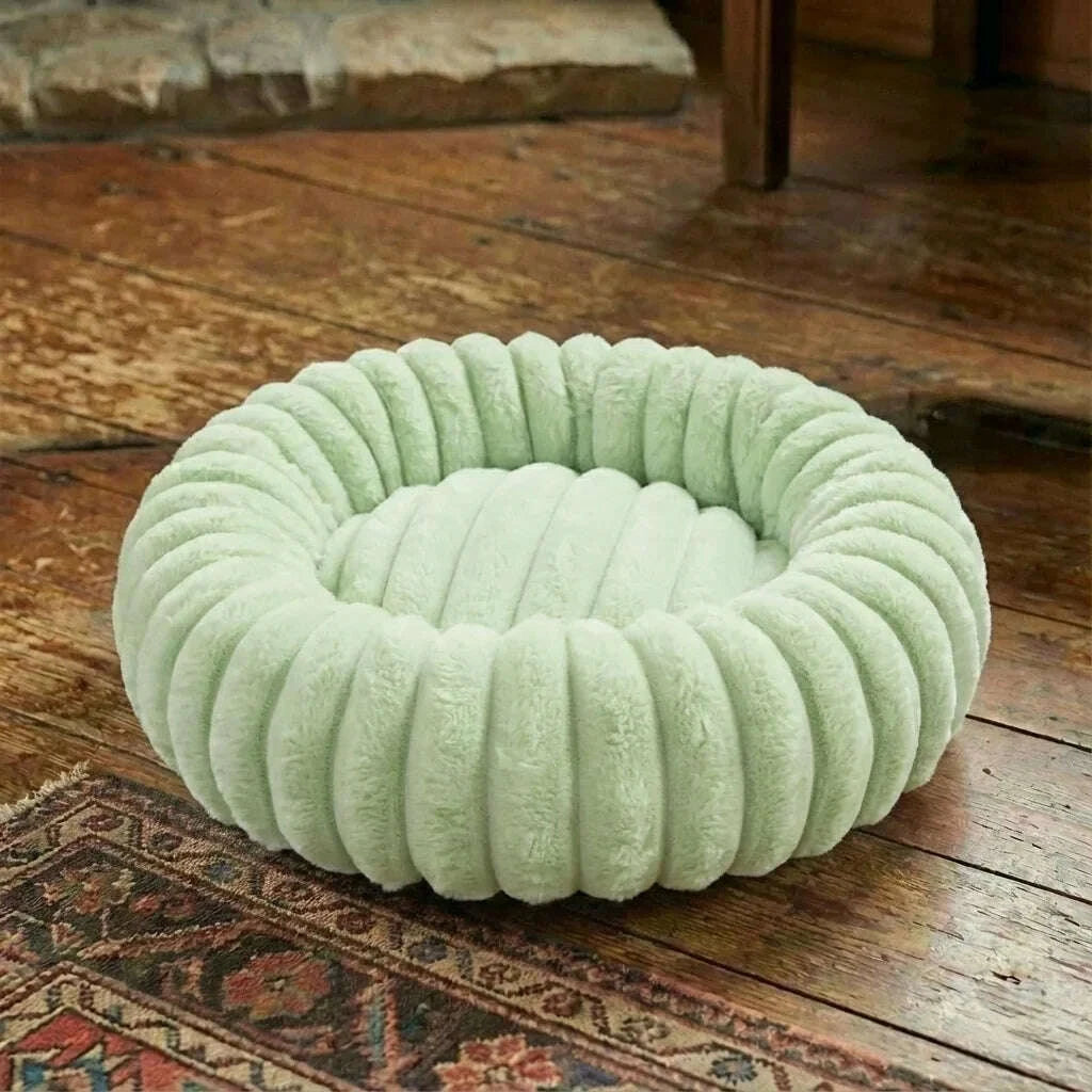 Niche douillette ronde vert clair sur un vieux parquet, avec un tapis à motifs orientaux au premier plan