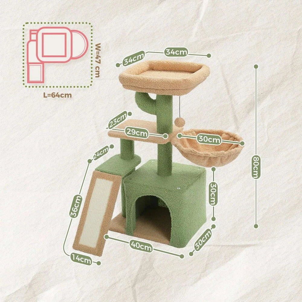 Schéma des dimensions de l'arbre à chat cactus : 80 cm de haut, base de 40 × 30 cm, encombrement au sol de 64 × 47 cm