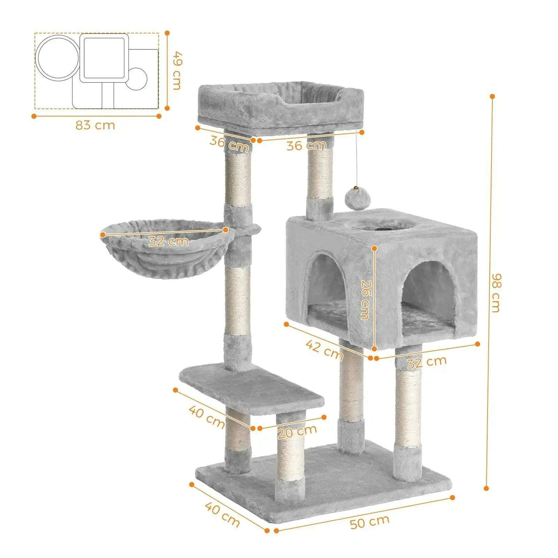 Schéma des dimensions de l'arbre à chat gris : 98 cm de haut, base 50 × 40 cm, niche 42 × 32 × 26 cm